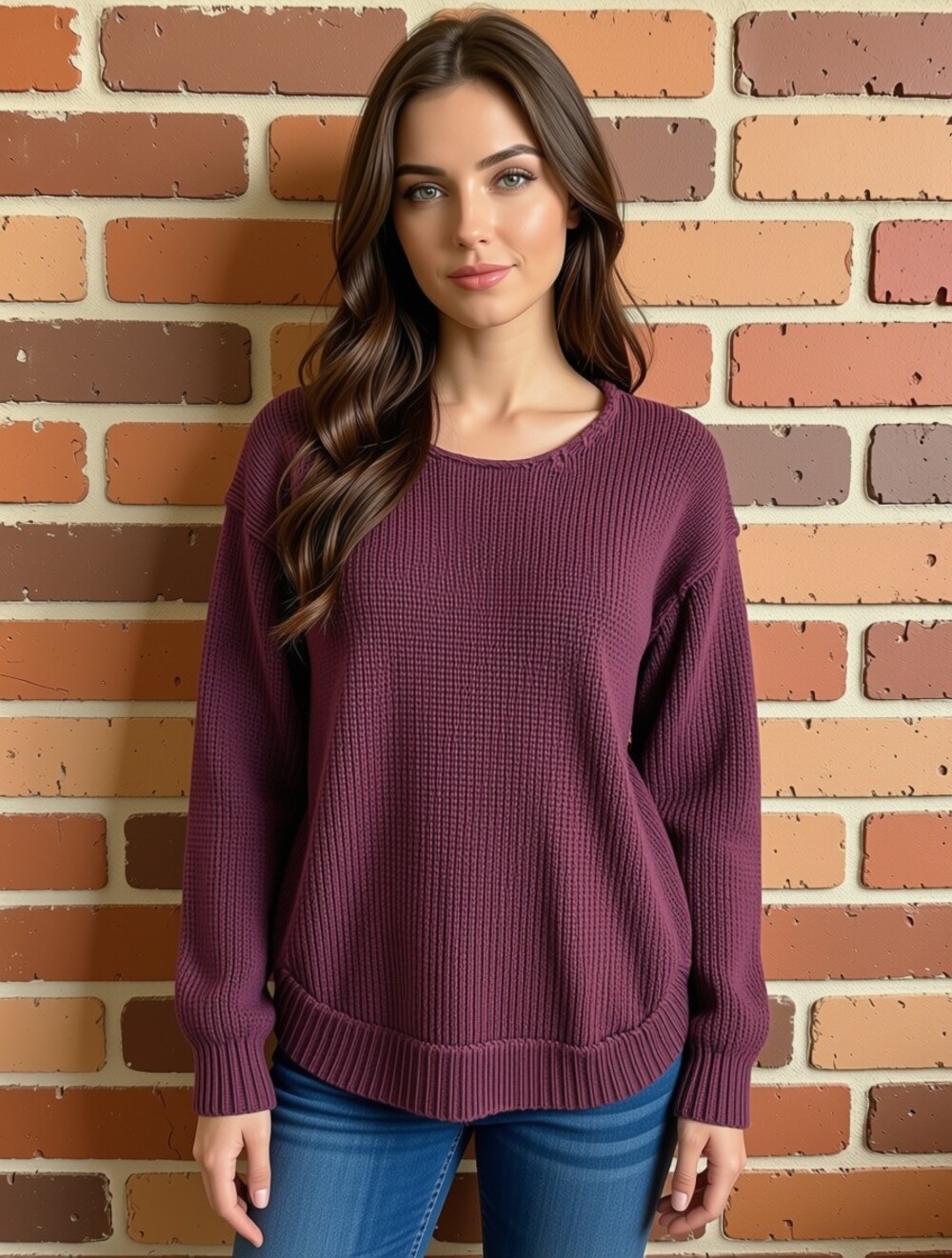 ARDENE Burgundy Crew Neck Long Sleeve Sweater Suede Elbow Patches Size S